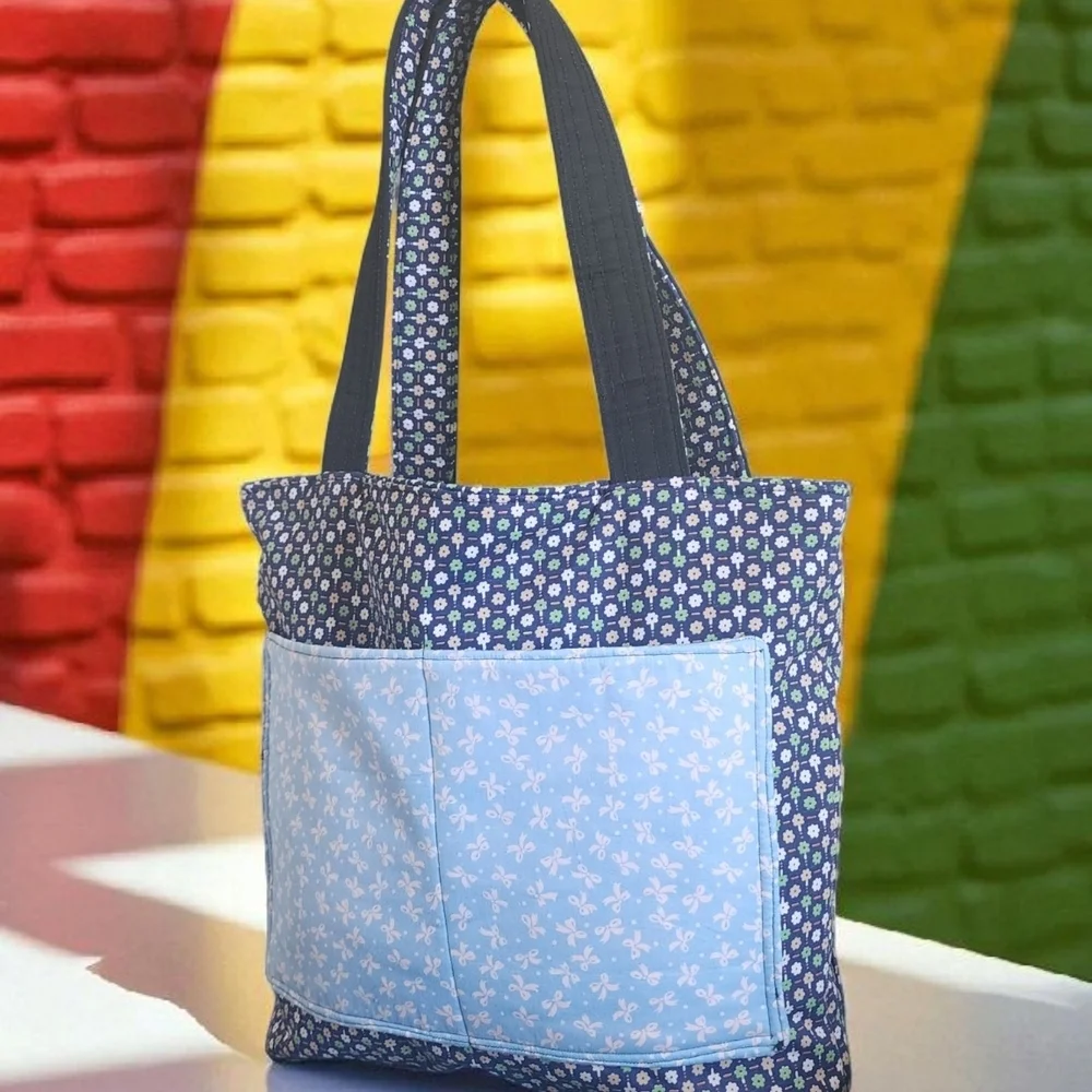 Blue and Black Polka Dot Tote Bag with Sturdy Handles